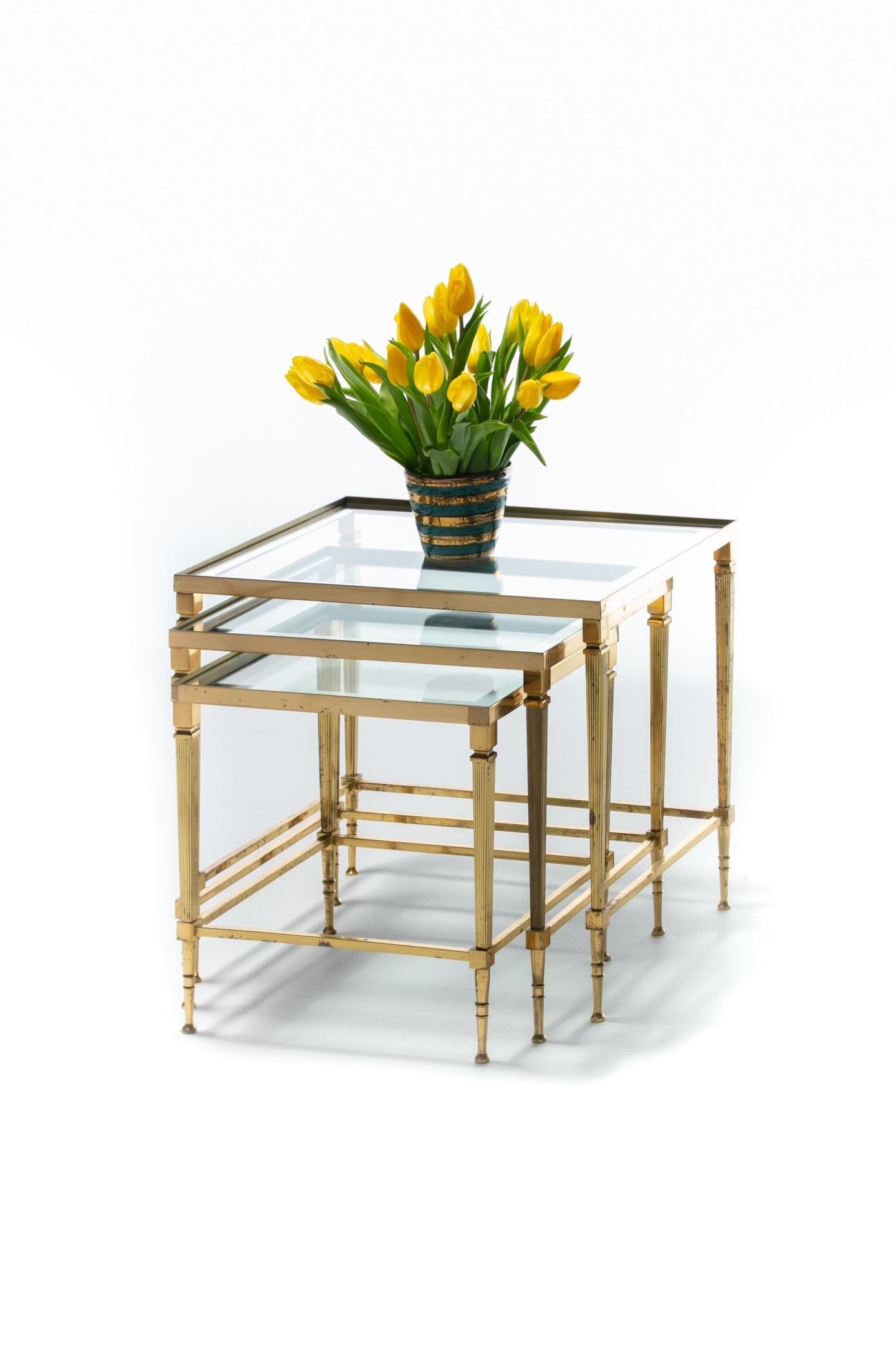French Brass & Mirrored Glass Nesting Tables Attributed to Maison Baguès, c 1960 2