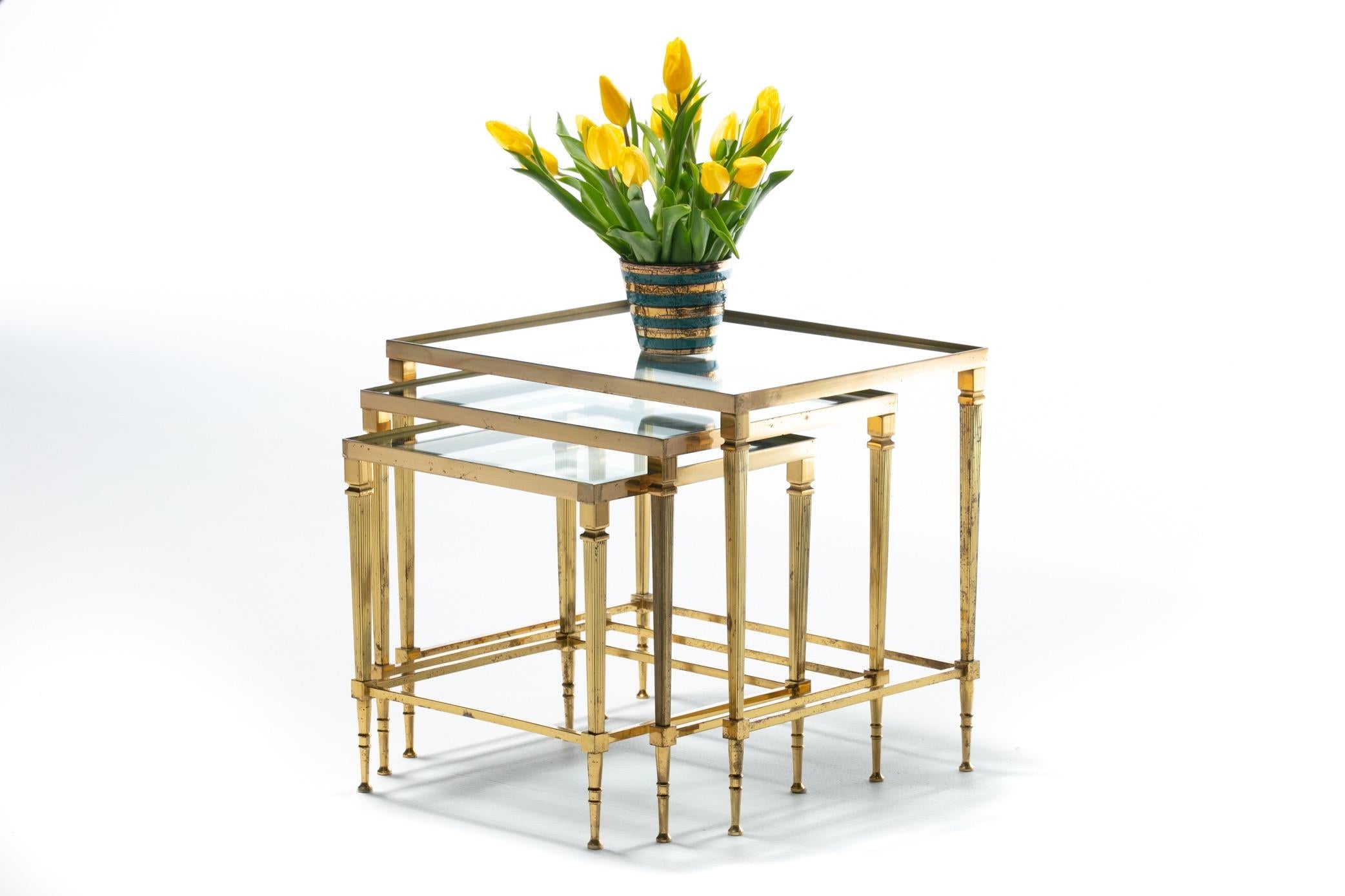 French Brass & Mirrored Glass Nesting Tables Attributed to Maison Baguès, c 1960 3