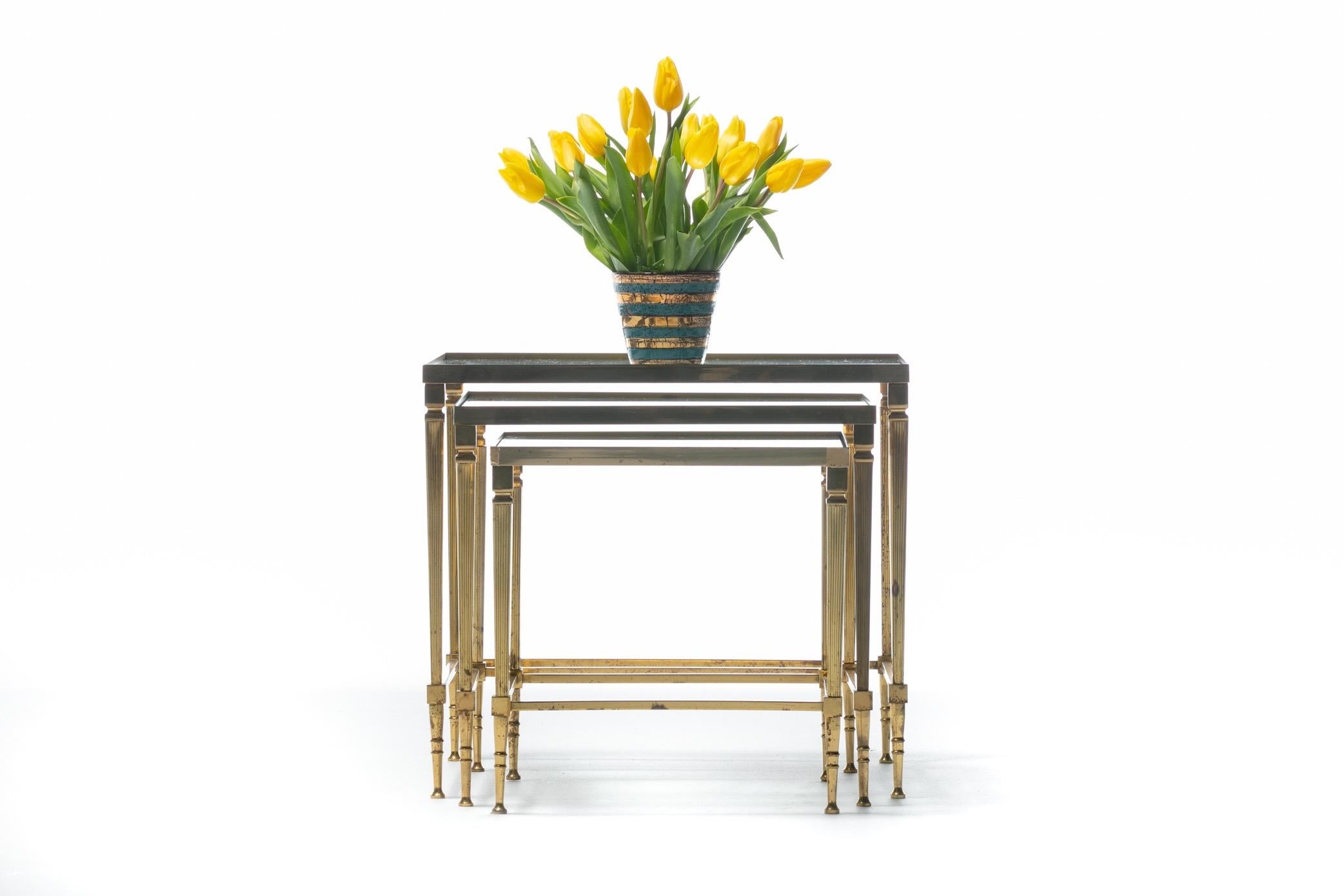 French Brass & Mirrored Glass Nesting Tables Attributed to Maison Baguès, c 1960 4
