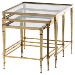 French Brass & Mirrored Glass Nesting Tables Attributed to Maison Baguès, c 1960