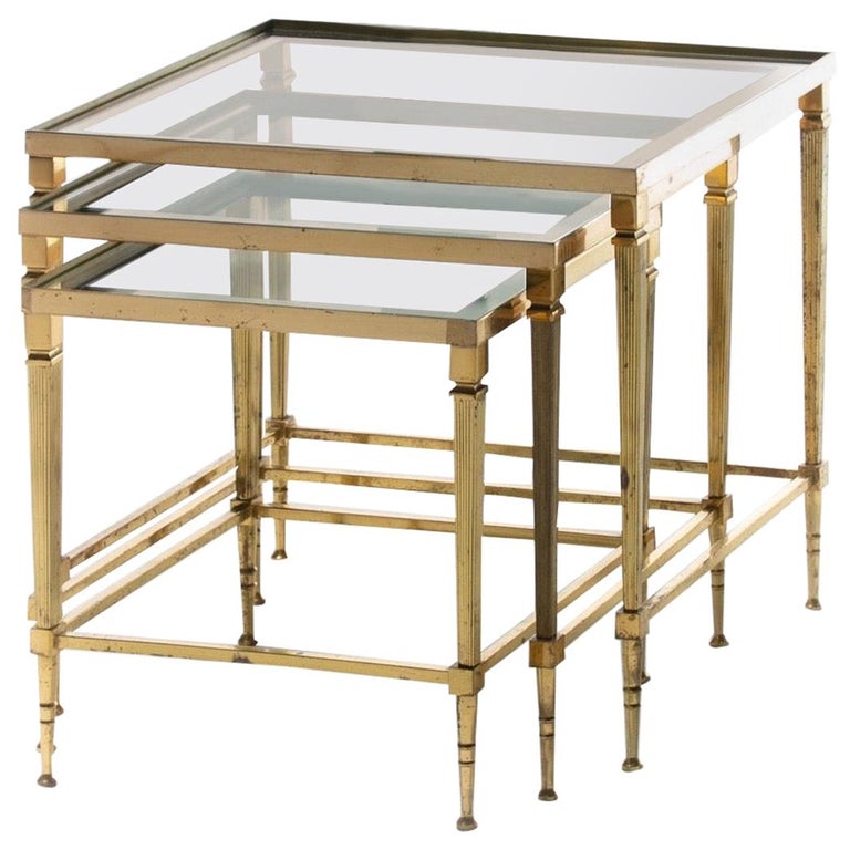 French Brass & Mirrored Glass Nesting Tables Attributed to Maison Baguès, c 1960 For Sale
