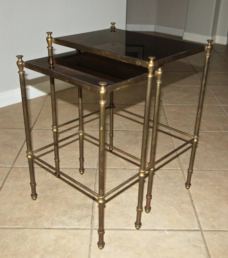 Mid-20th Century French Brass Mirrored Tops Nesting or Side Tables For Sale