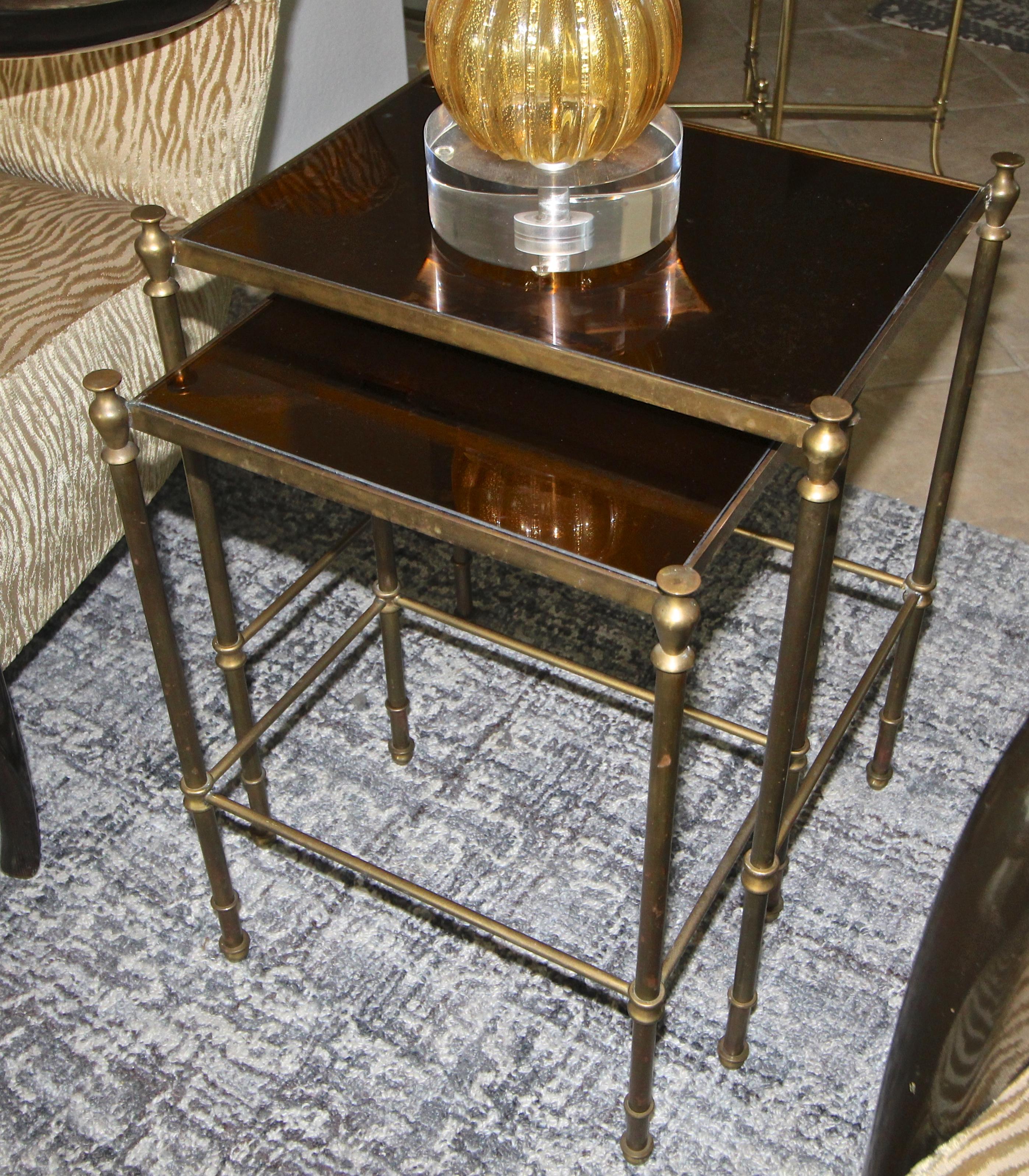 French Brass Mirrored Tops Nesting or Side Tables For Sale 2