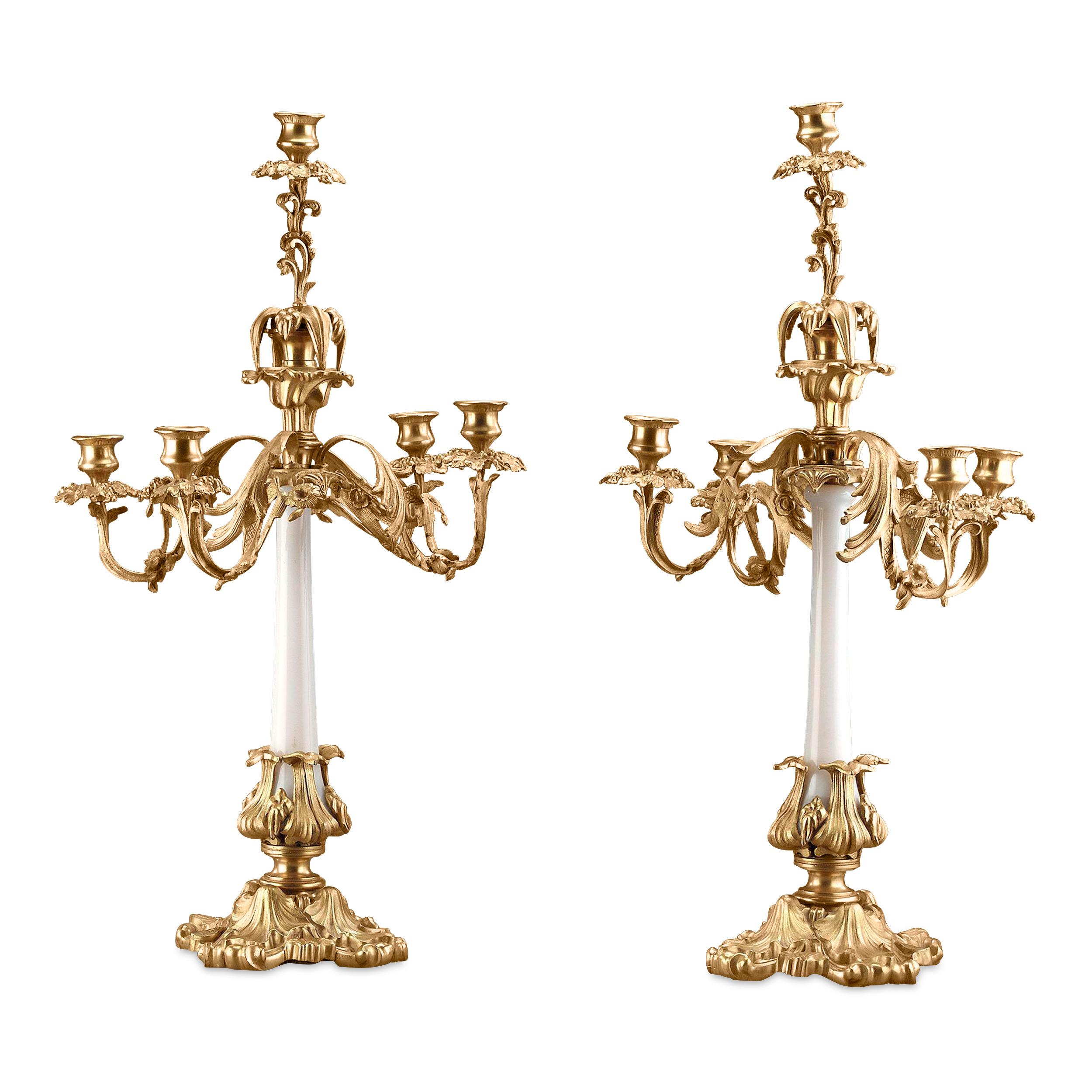 Other French Brass Mounted White Opaline Candelabra For Sale