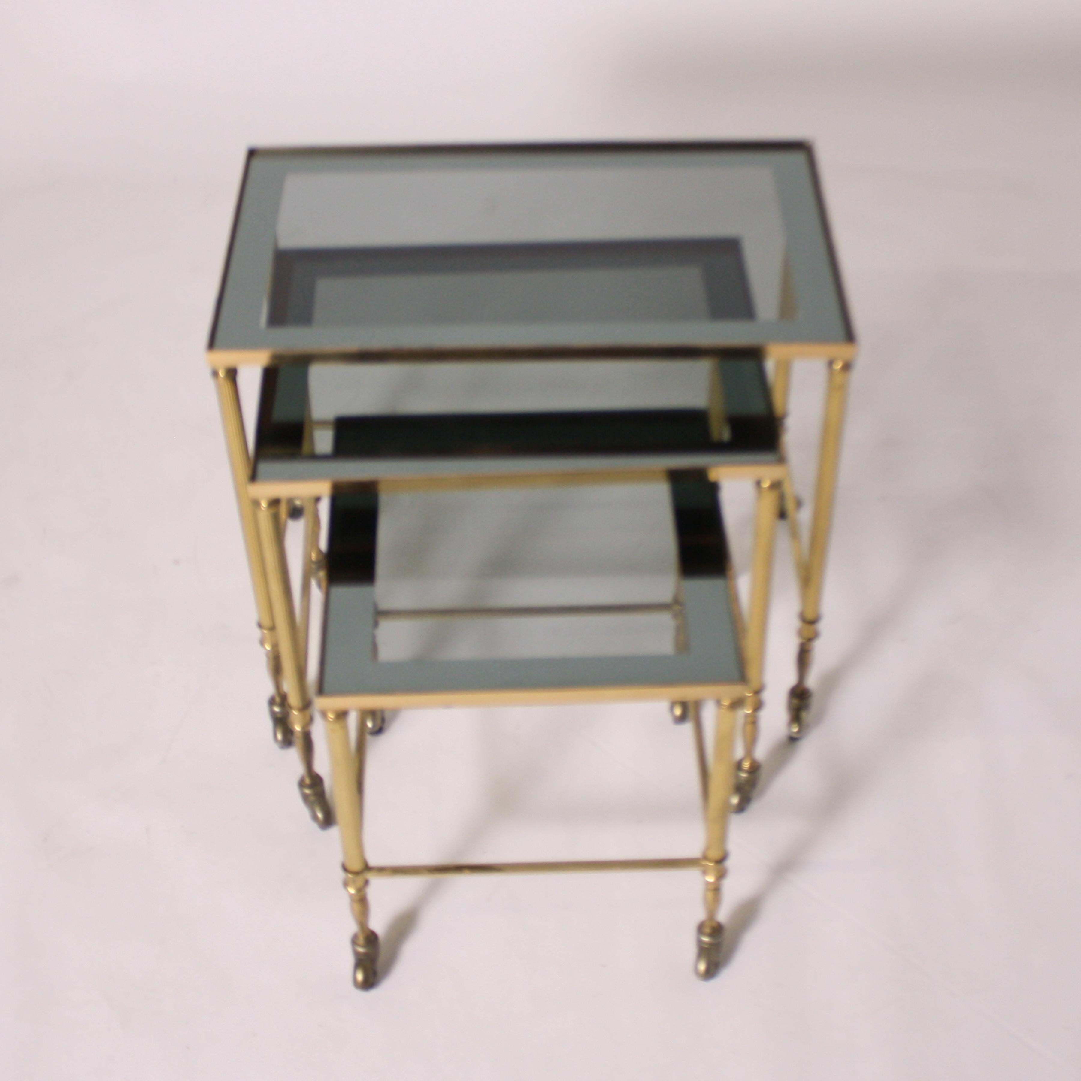 French Brass Nesting Tables with Wheels, circa 1950 In Fair Condition In Dallas, TX