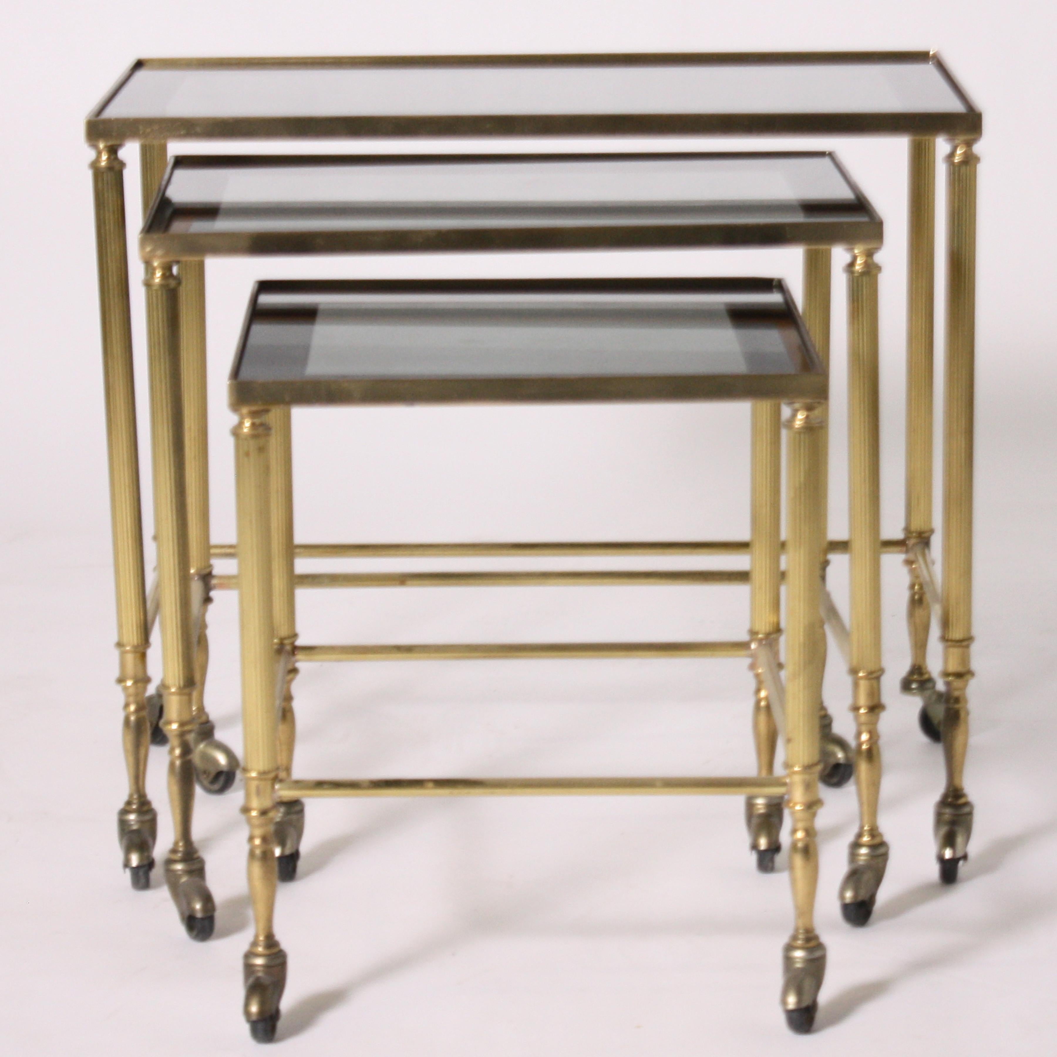 Mid-20th Century French Brass Nesting Tables with Wheels, circa 1950