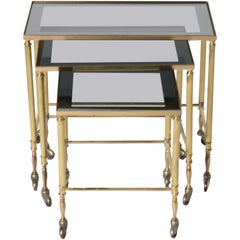 French Brass Nesting Tables with Wheels, circa 1950