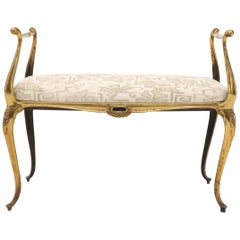 French Brass New Linen Upholstery Window Bench with Arms