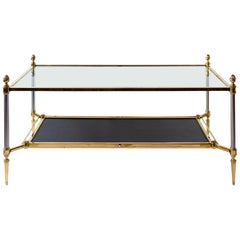 French Brass, Nikel, Leather and Glass Coffee Table, by Maison Jansen