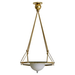 French Brass Pendant with Octagonal Mirror + Opaline Glass Globe, 1950s