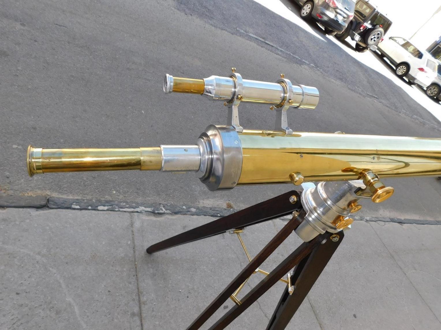 French Brass & Polished Steel Telescope w/ Spotting Scope on Tripod Stand C 1850 For Sale 4