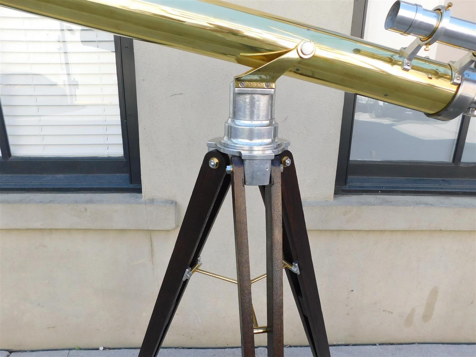 Hand-Carved French Brass & Polished Steel Telescope w/ Spotting Scope on Tripod Stand C 1850 For Sale