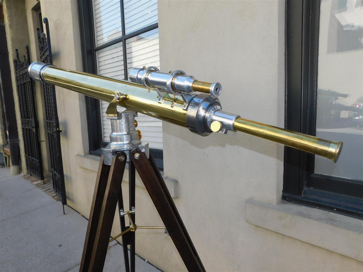 Mid-19th Century French Brass & Polished Steel Telescope w/ Spotting Scope on Tripod Stand C 1850 For Sale