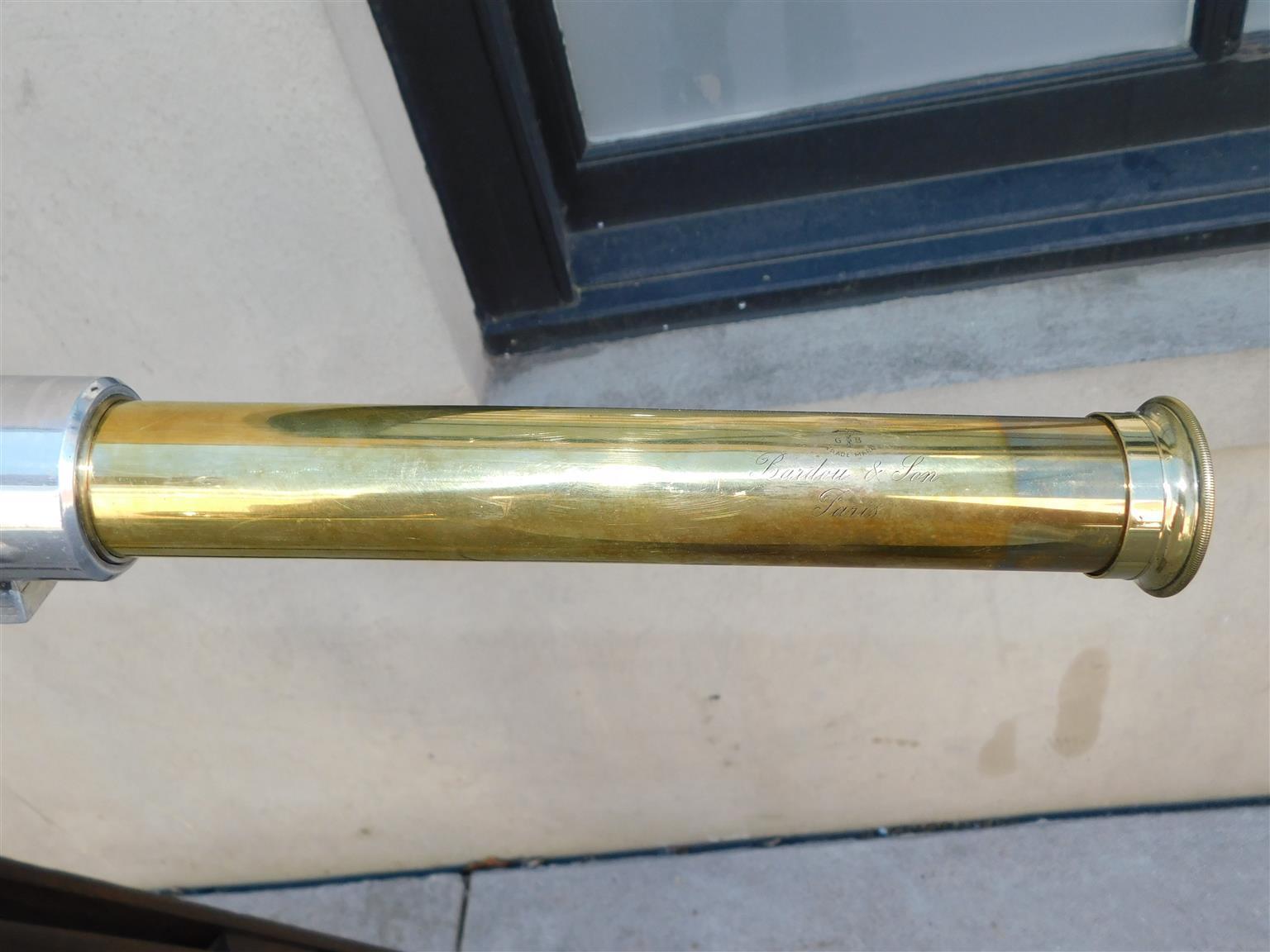 French Brass & Polished Steel Telescope w/ Spotting Scope on Tripod Stand C 1850 For Sale 2