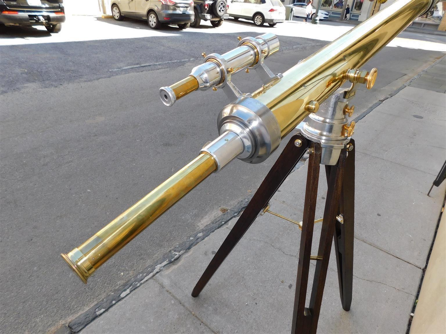 French Brass & Polished Steel Telescope w/ Spotting Scope on Tripod Stand C 1850 For Sale 3