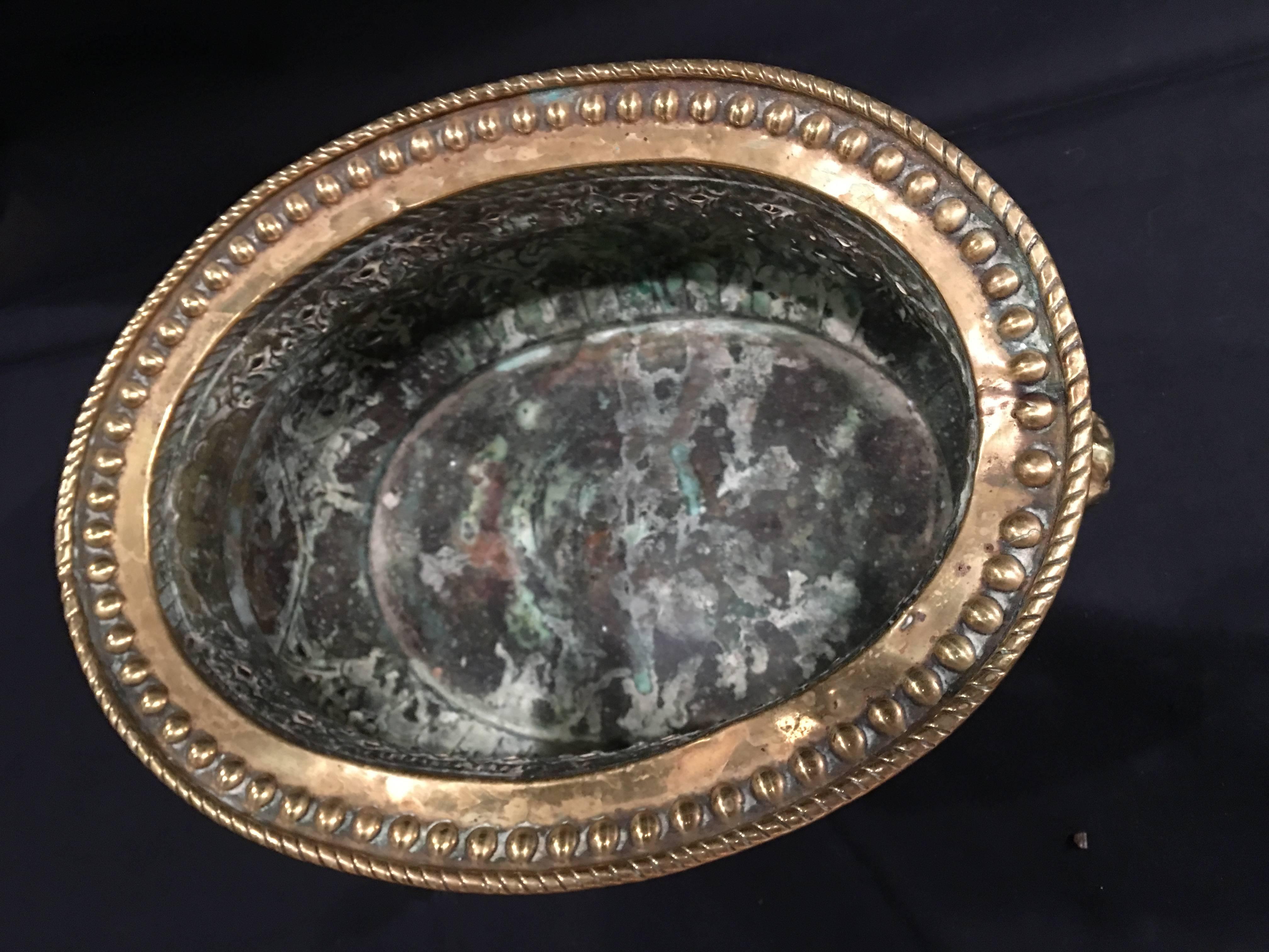 French Brass Reticulated Jardinière or Planter, Lion Ring Handles, 19th Century In Excellent Condition In Savannah, GA