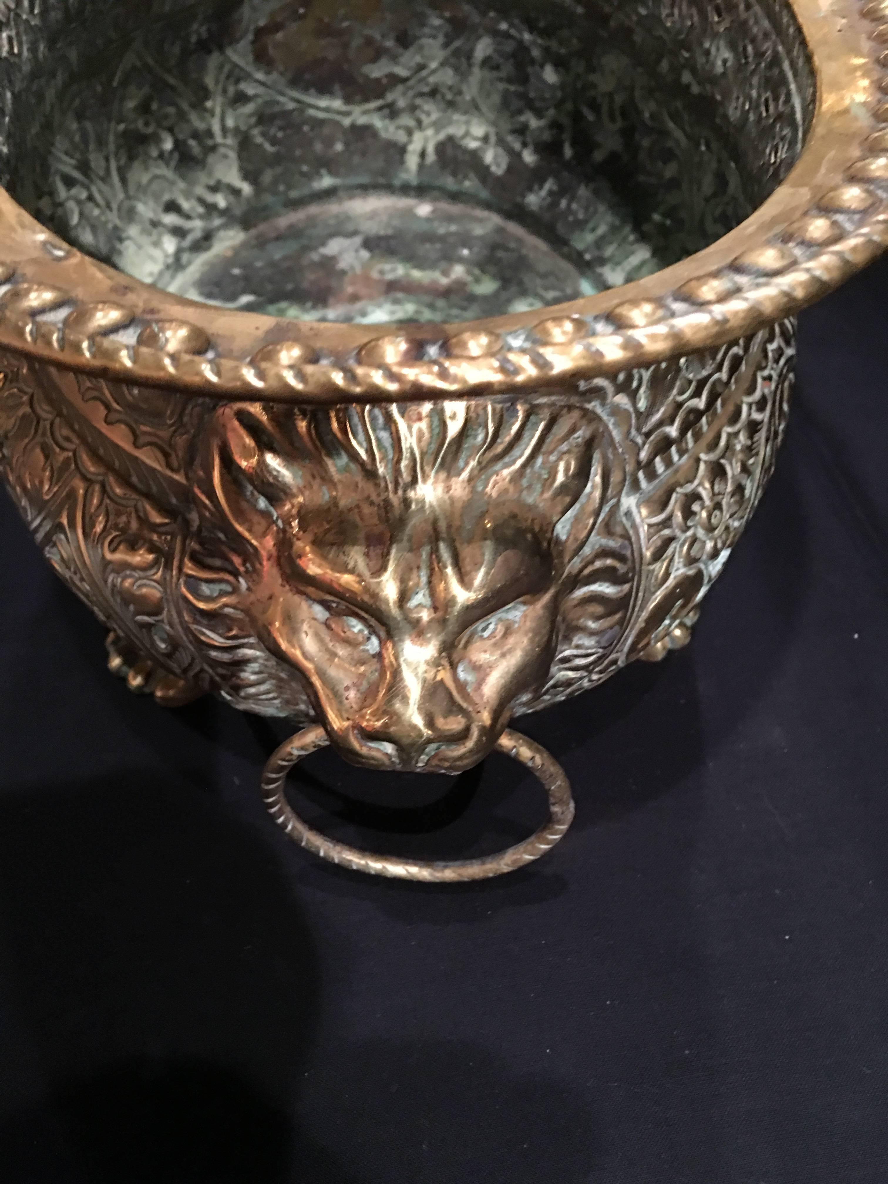 French Brass Reticulated Jardinière or Planter, Lion Ring Handles, 19th Century 1