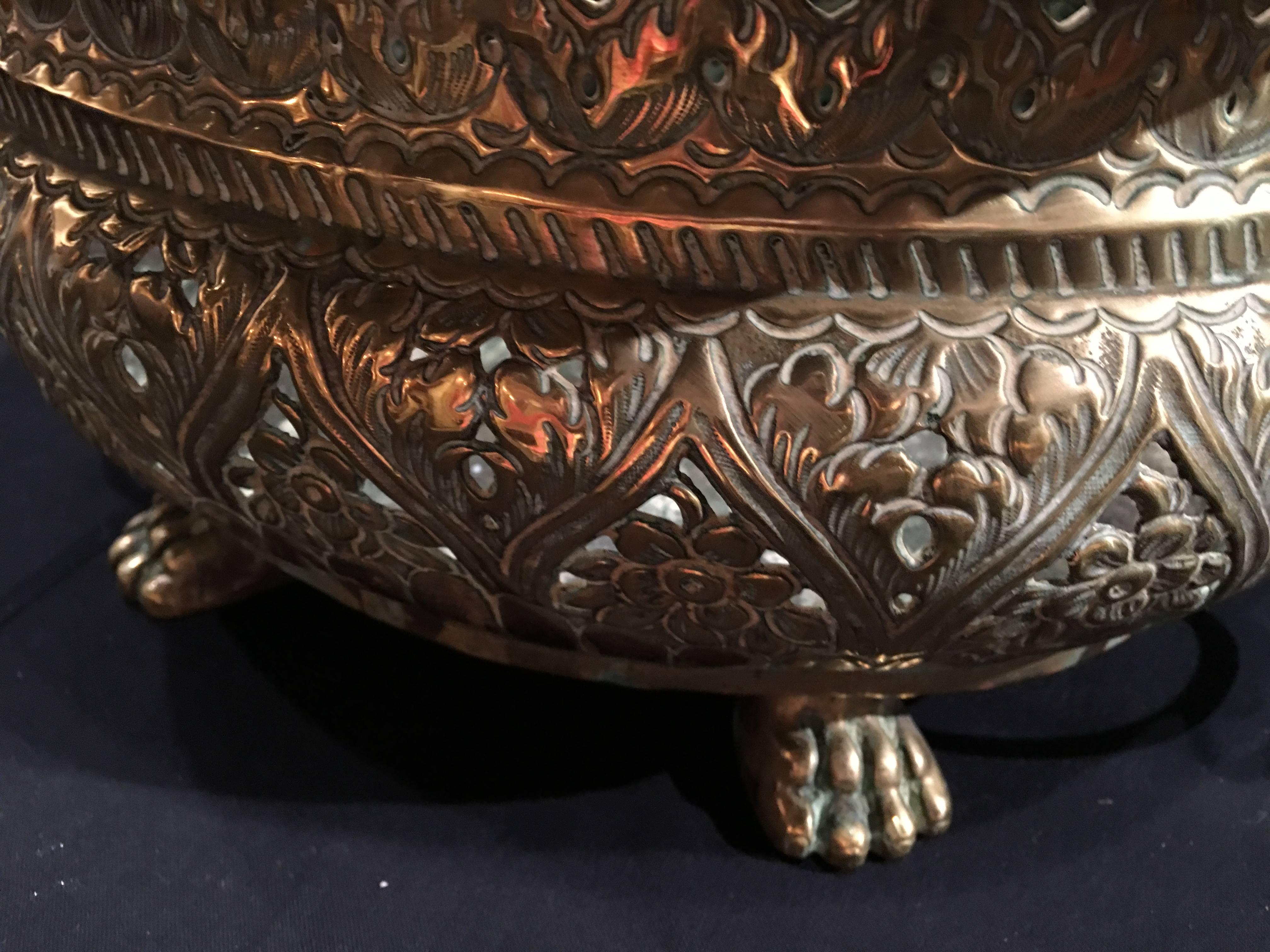 French Brass Reticulated Jardinière or Planter, Lion Ring Handles, 19th Century 2