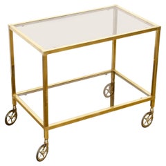 French Brass Rolling Bar Cart with Two-Tier Smoked Glass Shelves