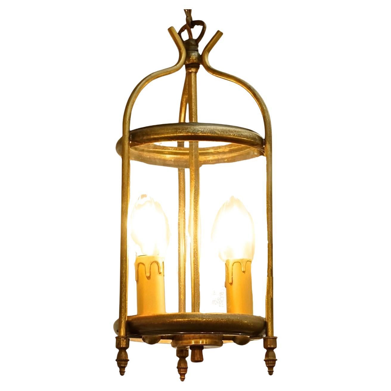 French Brass Round Glazed Two Light Lantern Mid Century For Sale