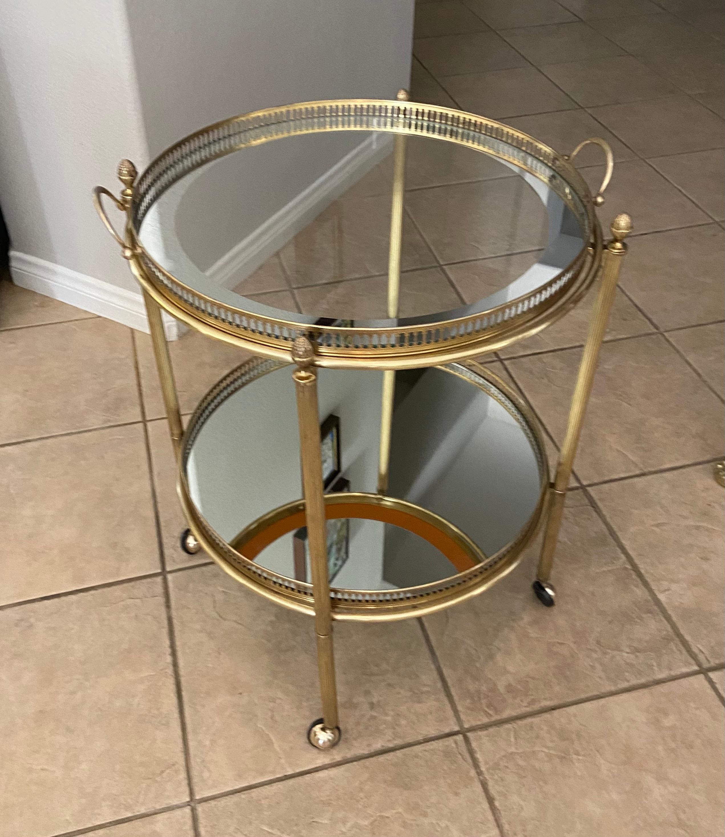 French Brass Round Two Tier Bar or Tea Cart In Good Condition In Palm Springs, CA