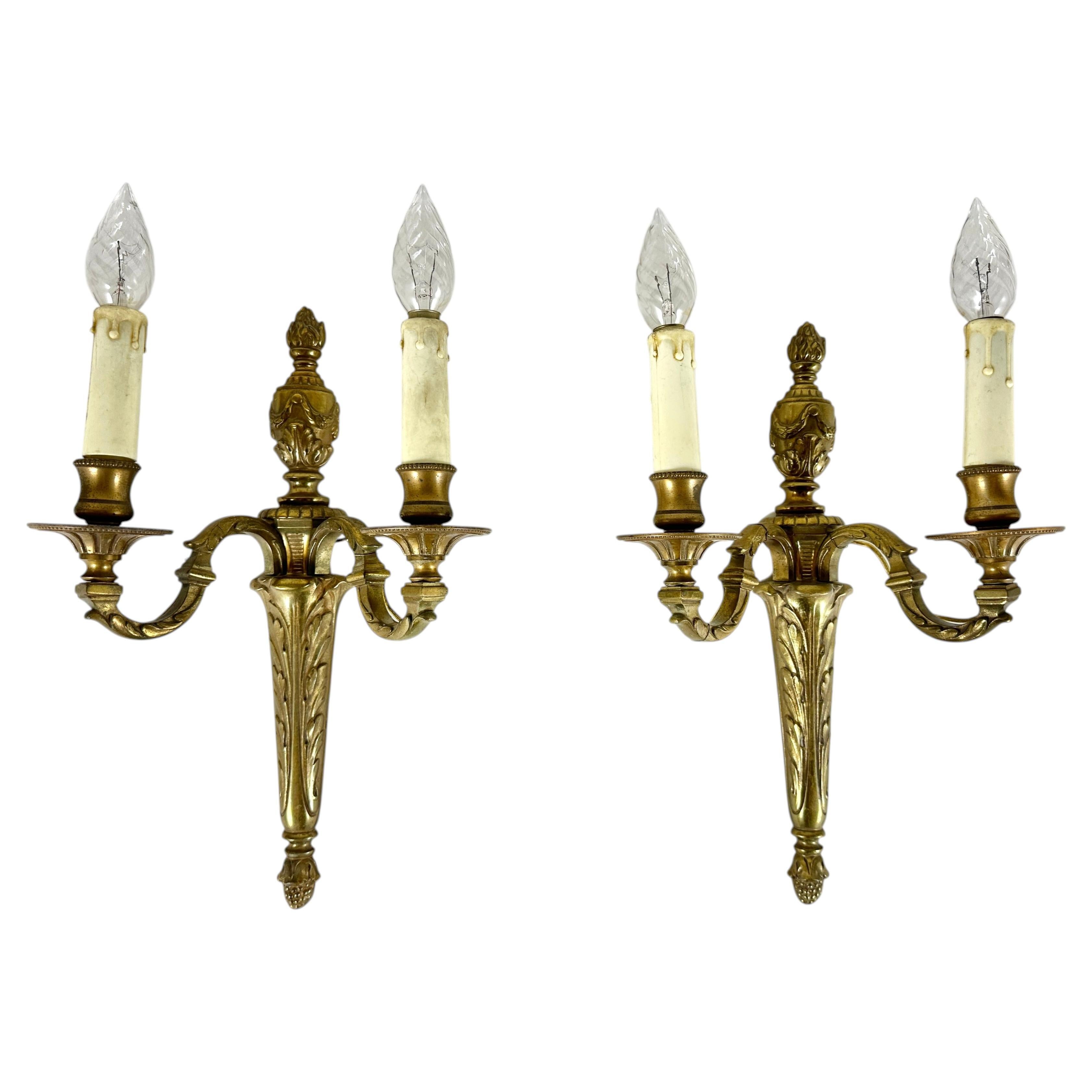 French Brass Sconces, Pair, Mid-Century, E14, 1950s