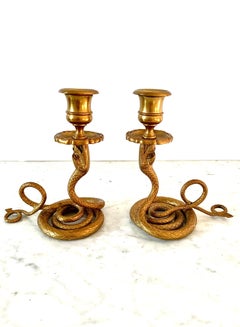French Brass Serpent Snake Candle Holders, Pair