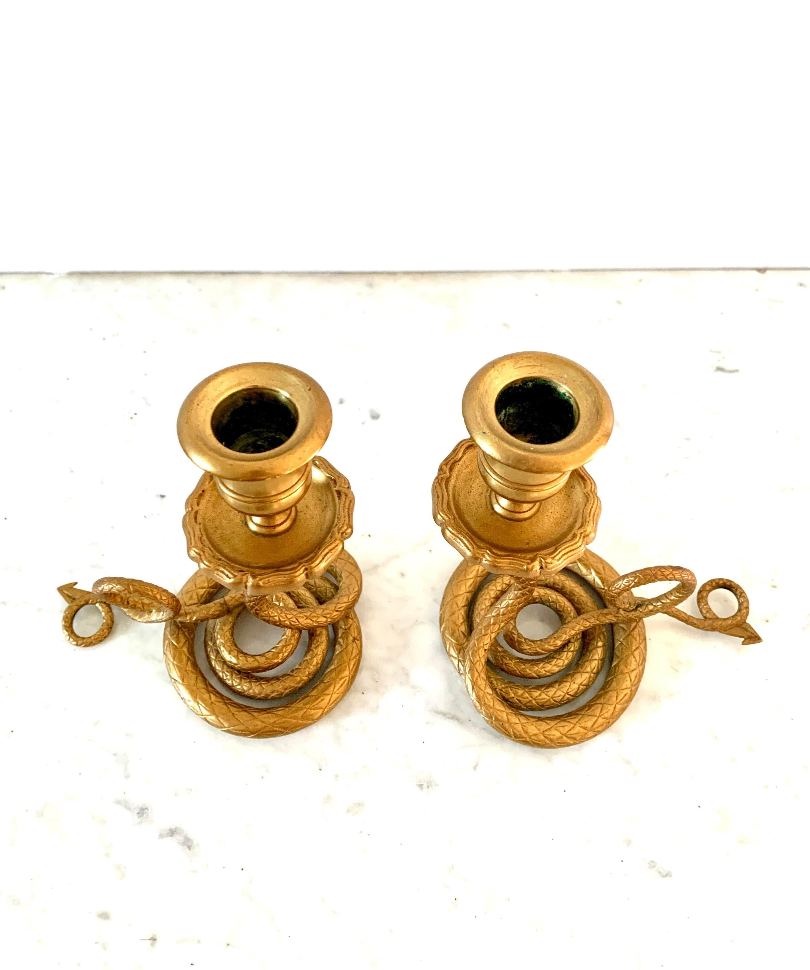 Art Deco French Brass Serpent Snake Candle Holders, Pair