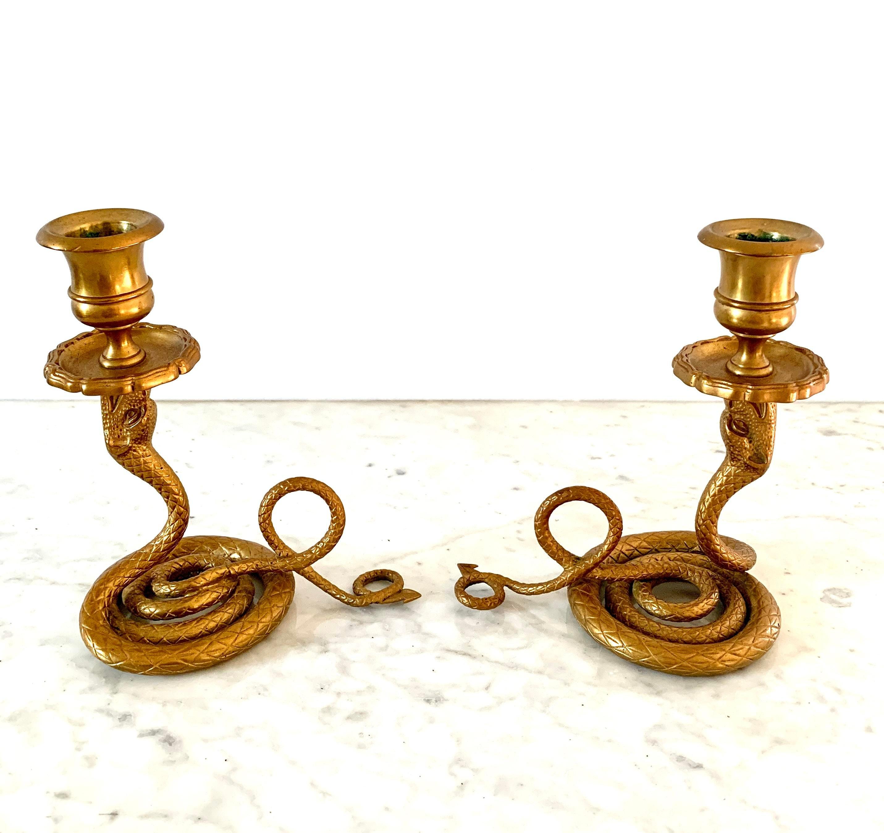 French Brass Serpent Snake Candle Holders, Pair In Good Condition In Elkhart, IN