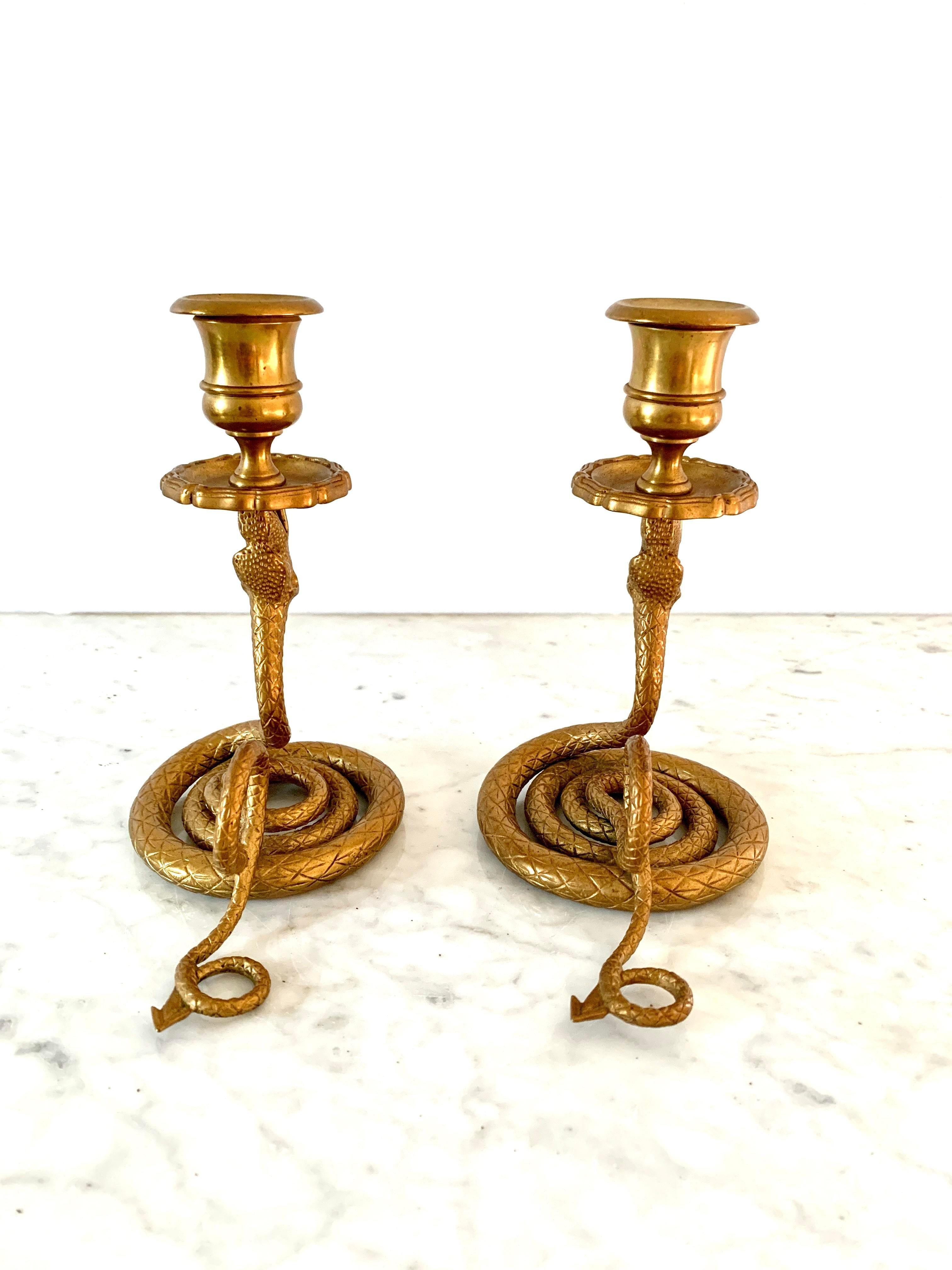 Early 20th Century French Brass Serpent Snake Candle Holders, Pair