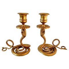 Antique French Brass Serpent Snake Candle Holders, Pair