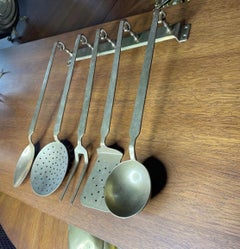 French Brass Serving Utensils and Holder, 6 Pieces