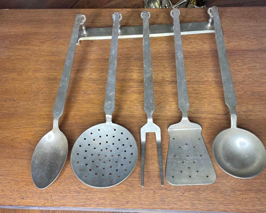 Cast French Brass Serving Utensils and Holder, 6 Pieces For Sale