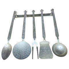 French Brass Serving Utensils and Holder, 6 Pieces