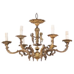 Vintage French Brass Six-Light Chandelier with Putto Figures, Mid-20th Century