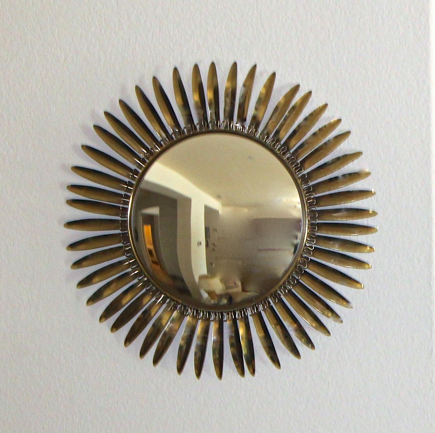 Plated French Brass Soleil or Sunburst Convex Wall Mirror