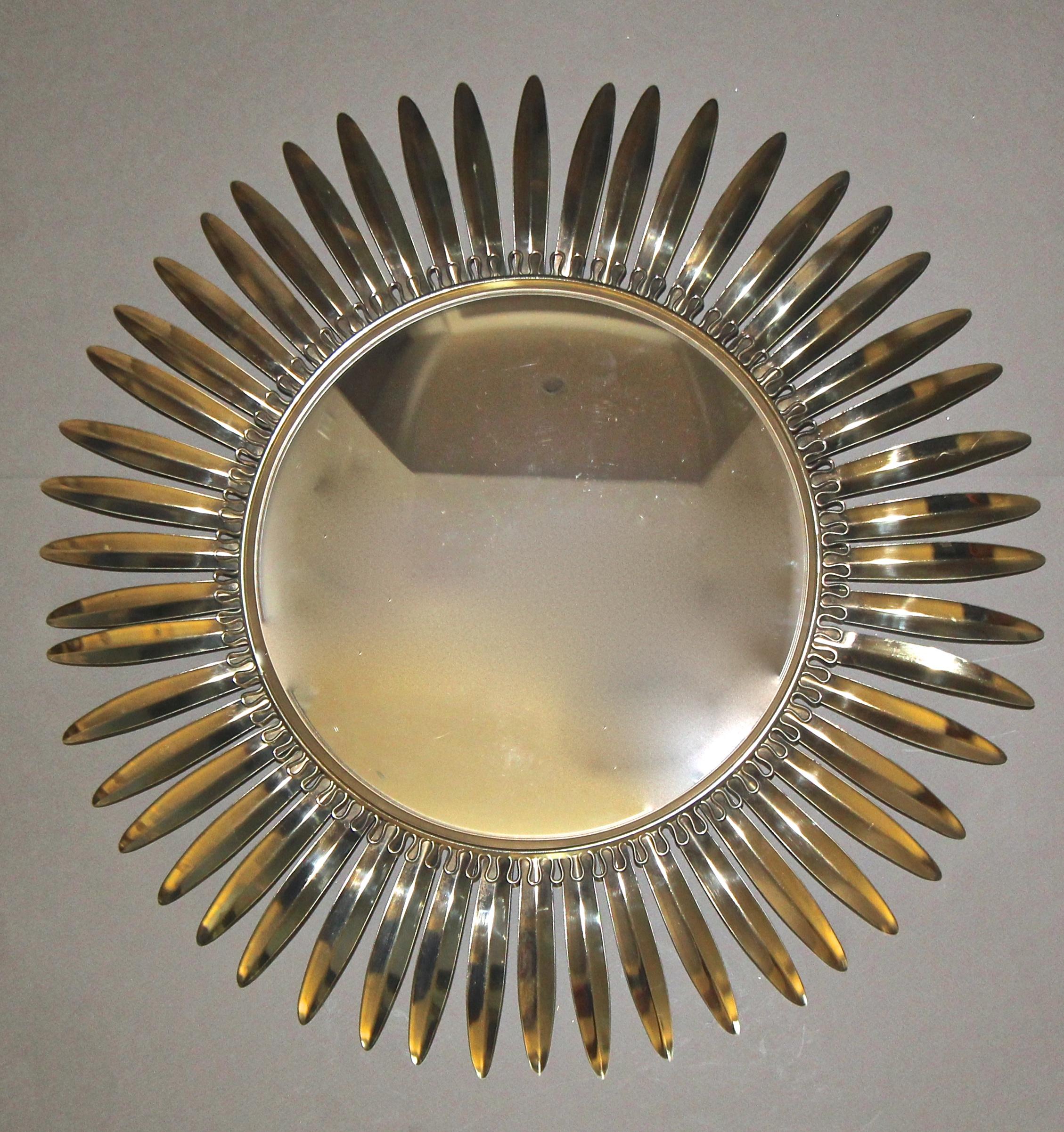 Mid-20th Century French Brass Soleil or Sunburst Convex Wall Mirror