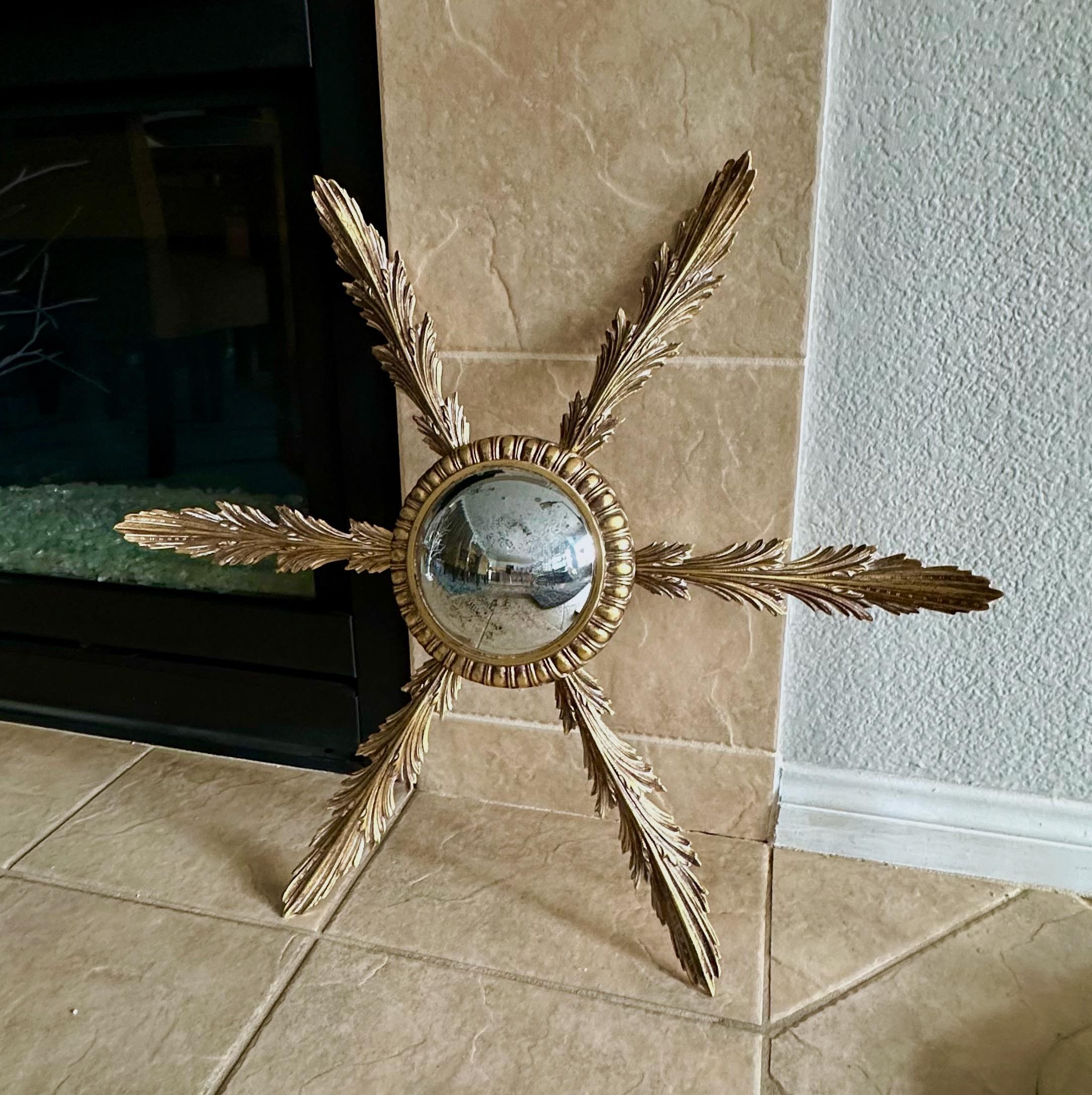 Französisch Messing Soleil oder Sunburst konvexen Wandspiegel im Angebot 1