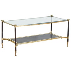 French Brass, Steel and Leather Coffee Table style of Maison Jansen French Brass, Steel and Leather Coffee Table style of Maison Jansen