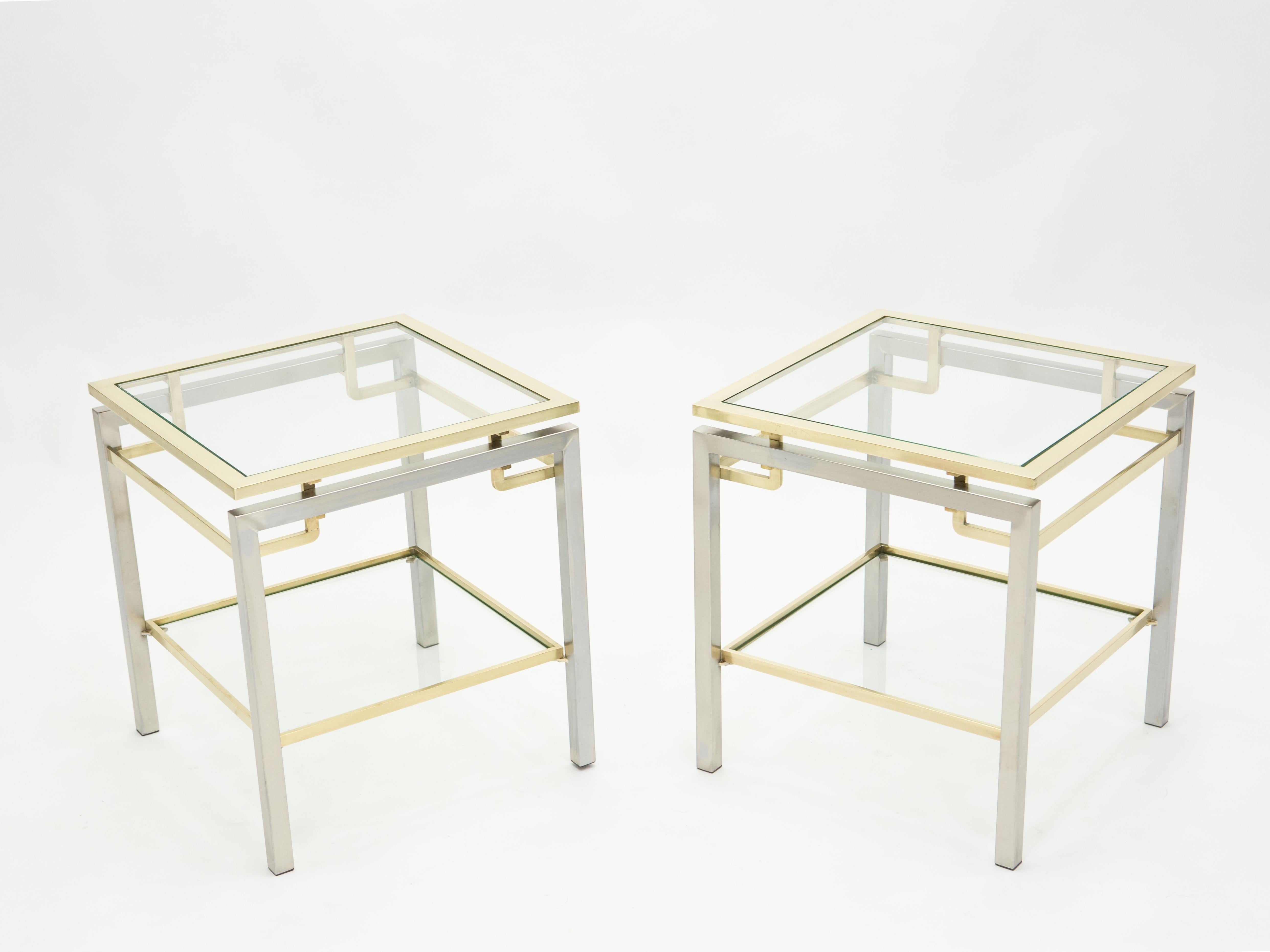 Mid-Century Modern French Brass Steel Two-Tier End Tables Guy Lefevre for Maison Jansen, 1970s