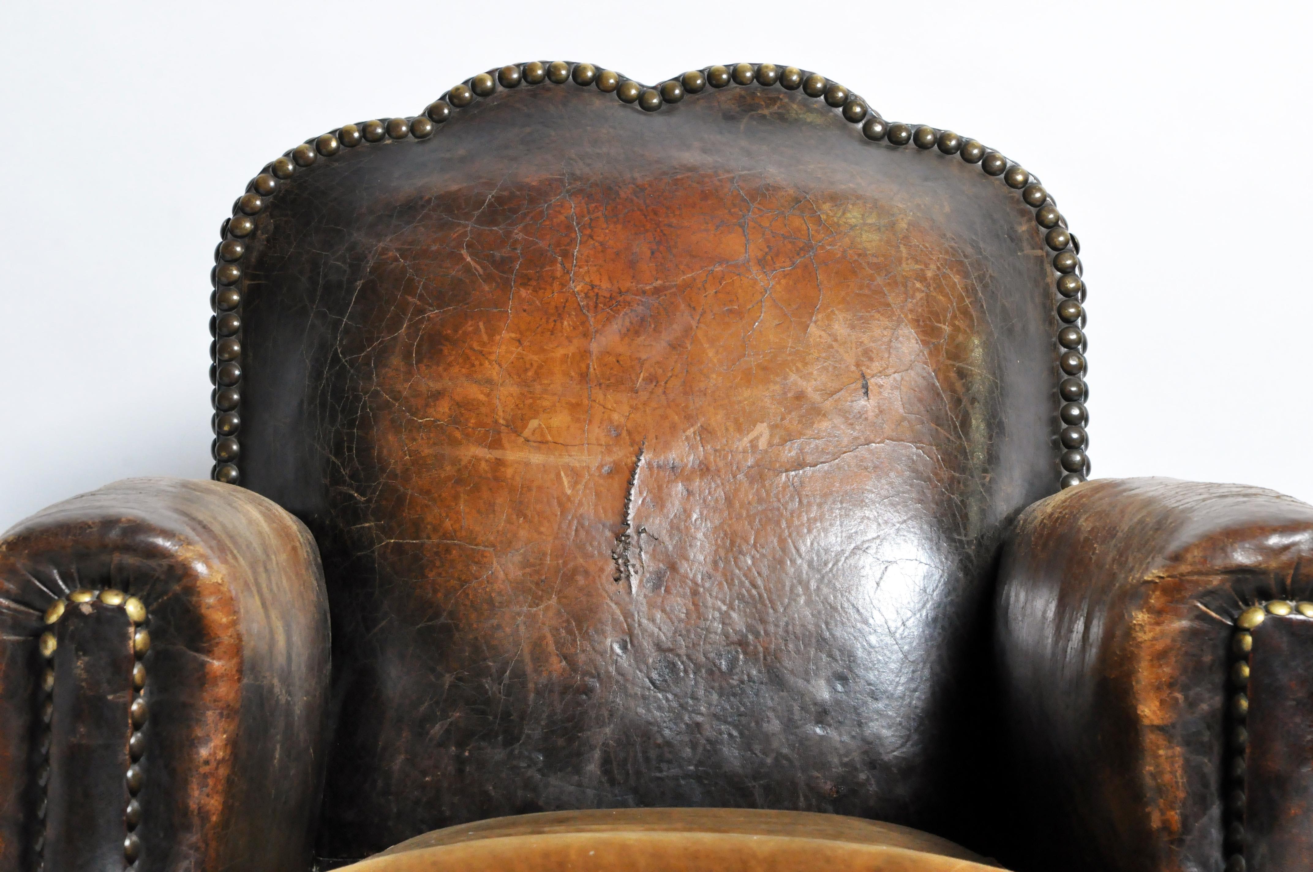 French Brass-Studded Leather Chair In Good Condition In Chicago, IL