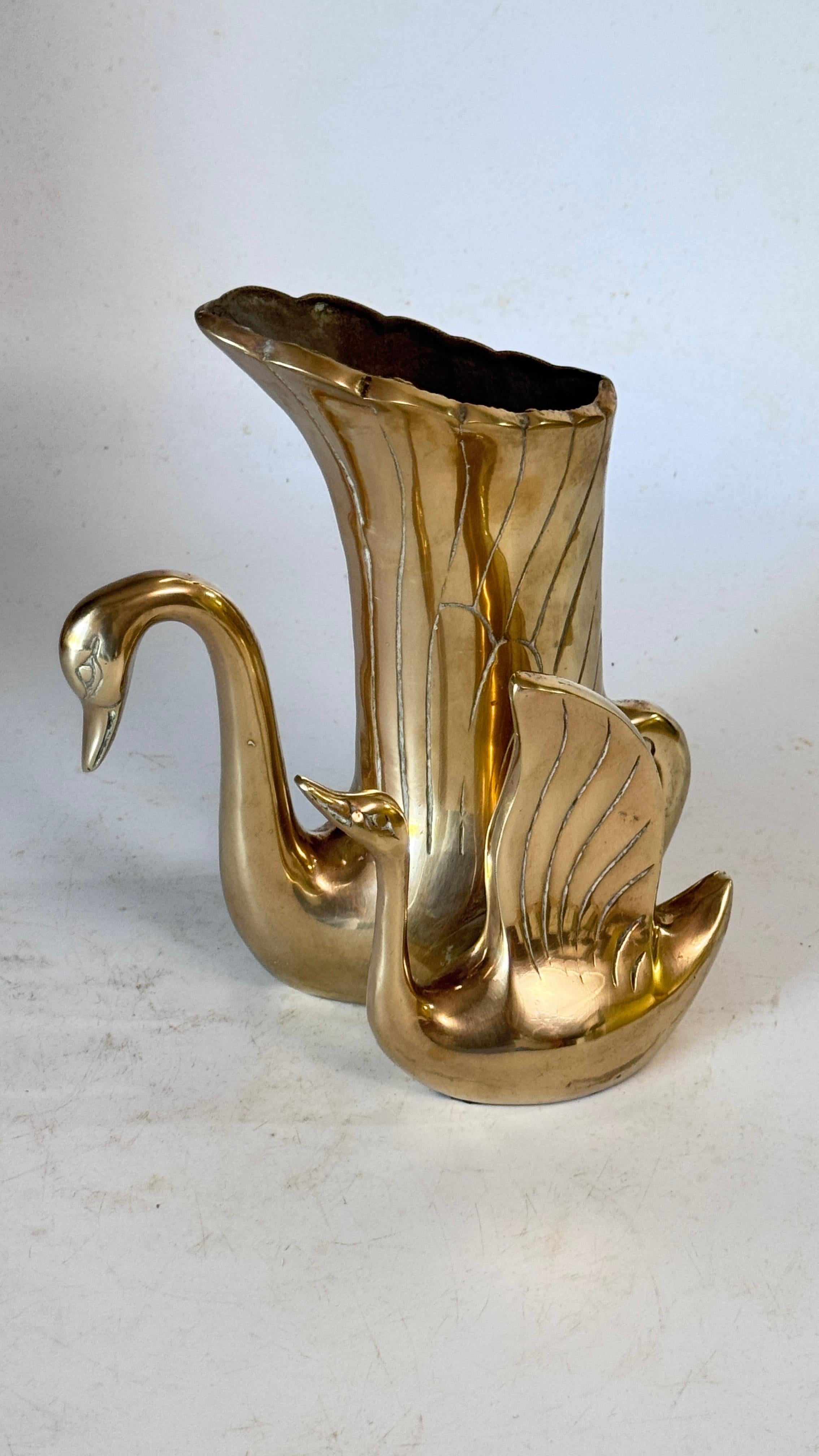 Art Deco French Brass Swan Sculpture Vase – Dual Swans Design – 1970s For Sale