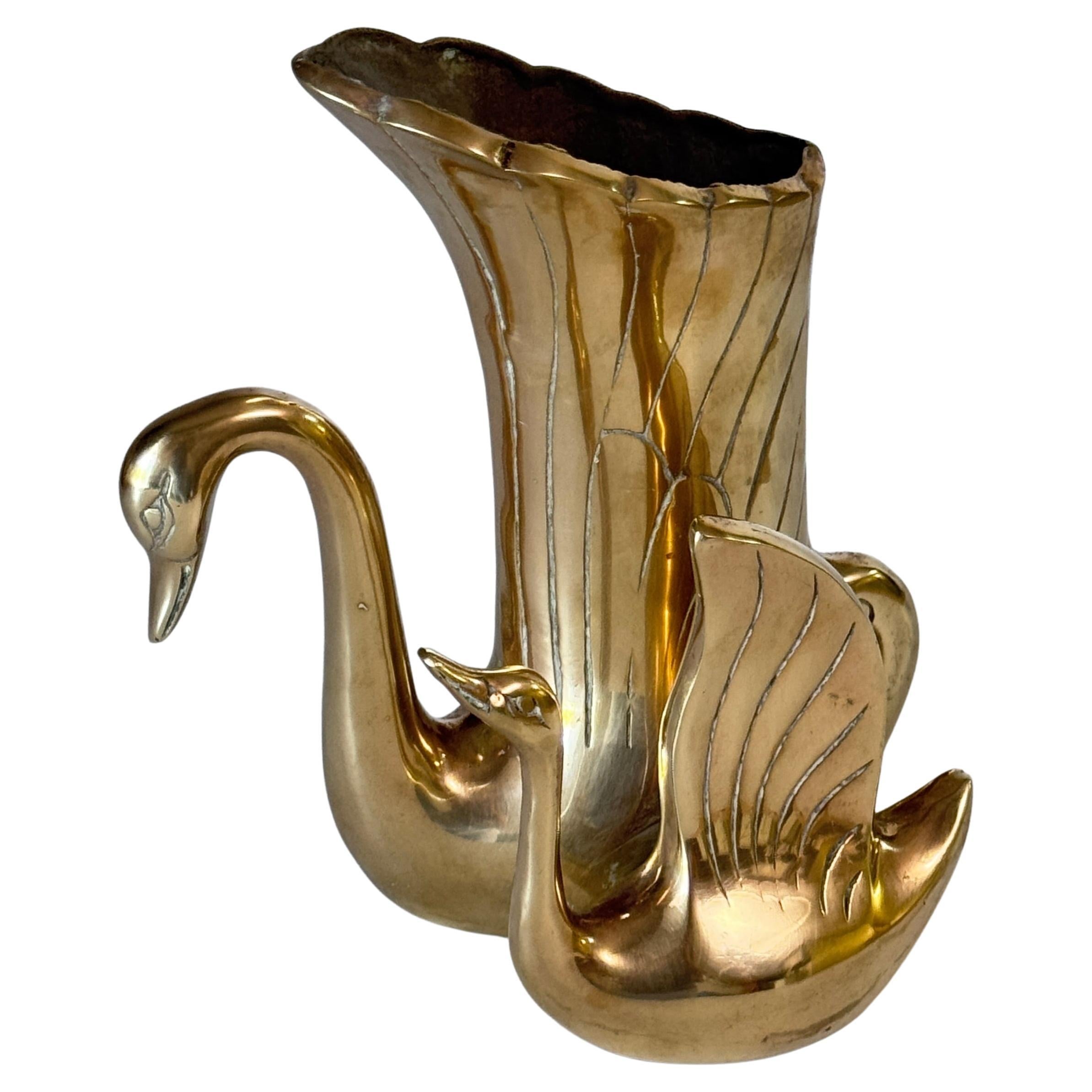 French Brass Swan Sculpture Vase – Dual Swans Design – 1970s For Sale