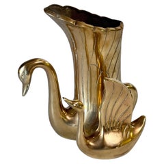 Französische Messing-Skulptur Schwan Vase - Dual Schwäne Design - 1970er
