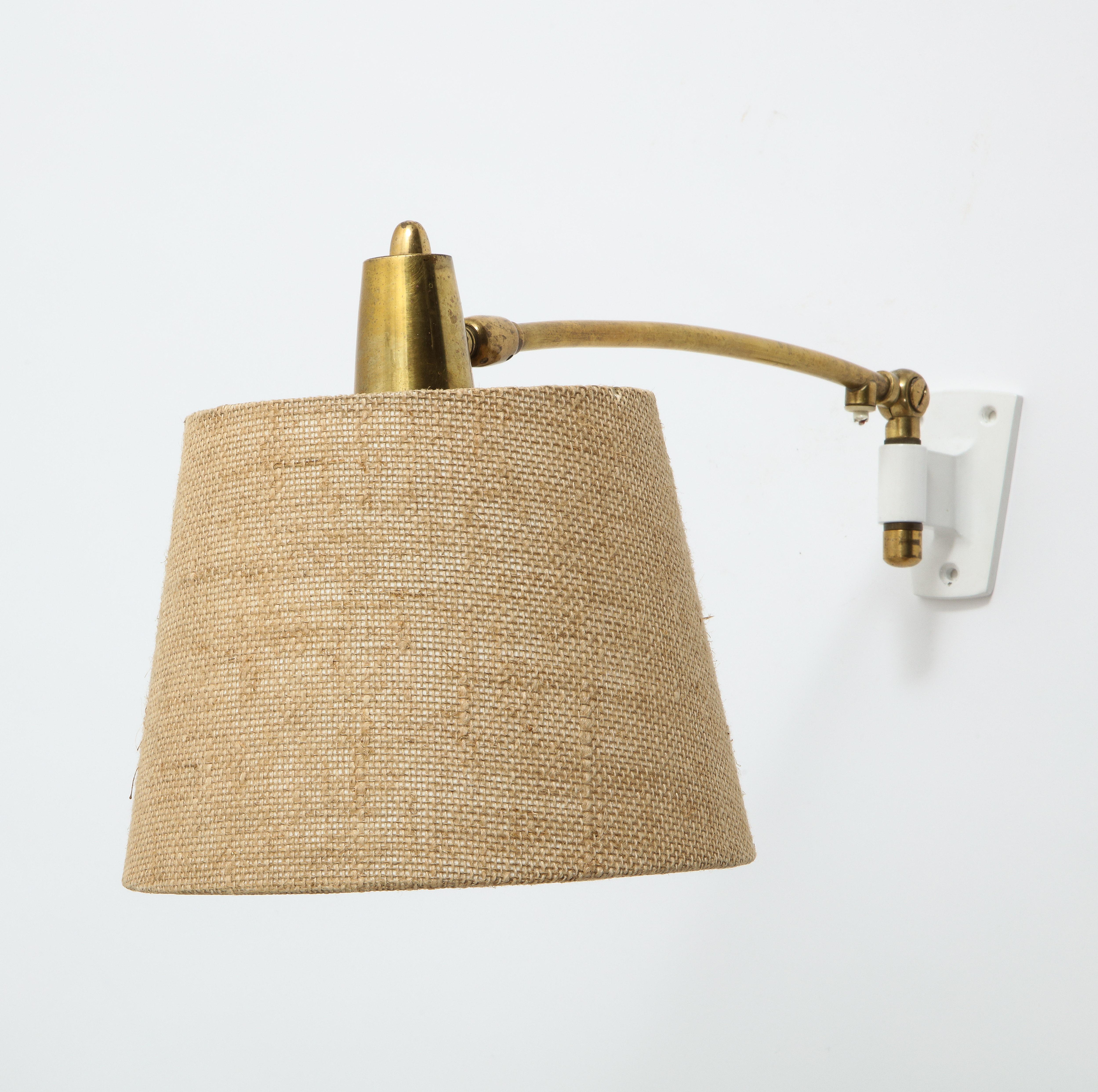 Mid-Century Modern French Brass Swing Arm Wall Lamp on Aluminum Mount, 1960