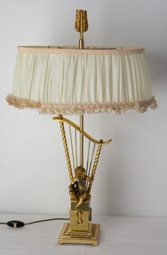 French Brass Table Lamp with Putti Reading in front of a Harp, Mid-Century