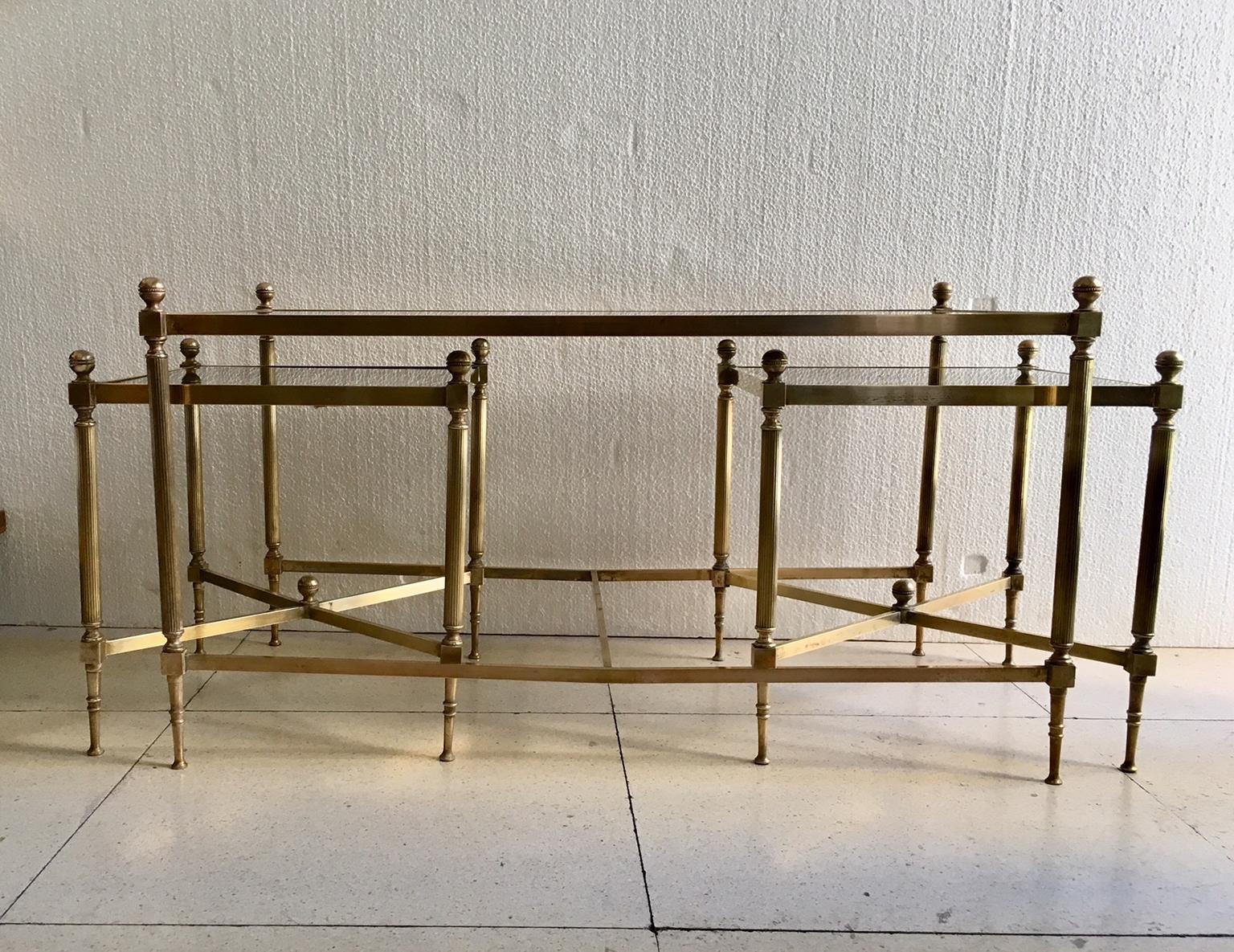 French Brass Three-Piece Coffee Table Jansen Style In Good Condition In Madrid, ES