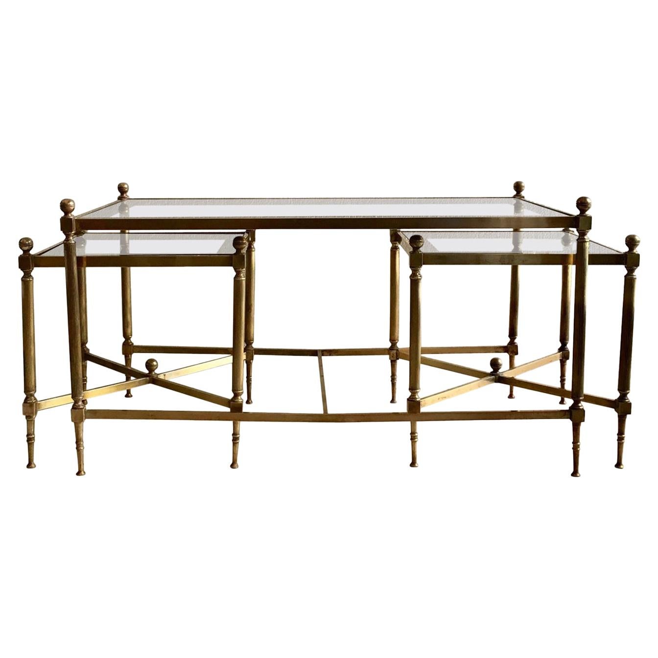 French Brass Three-Piece Coffee Table Jansen Style