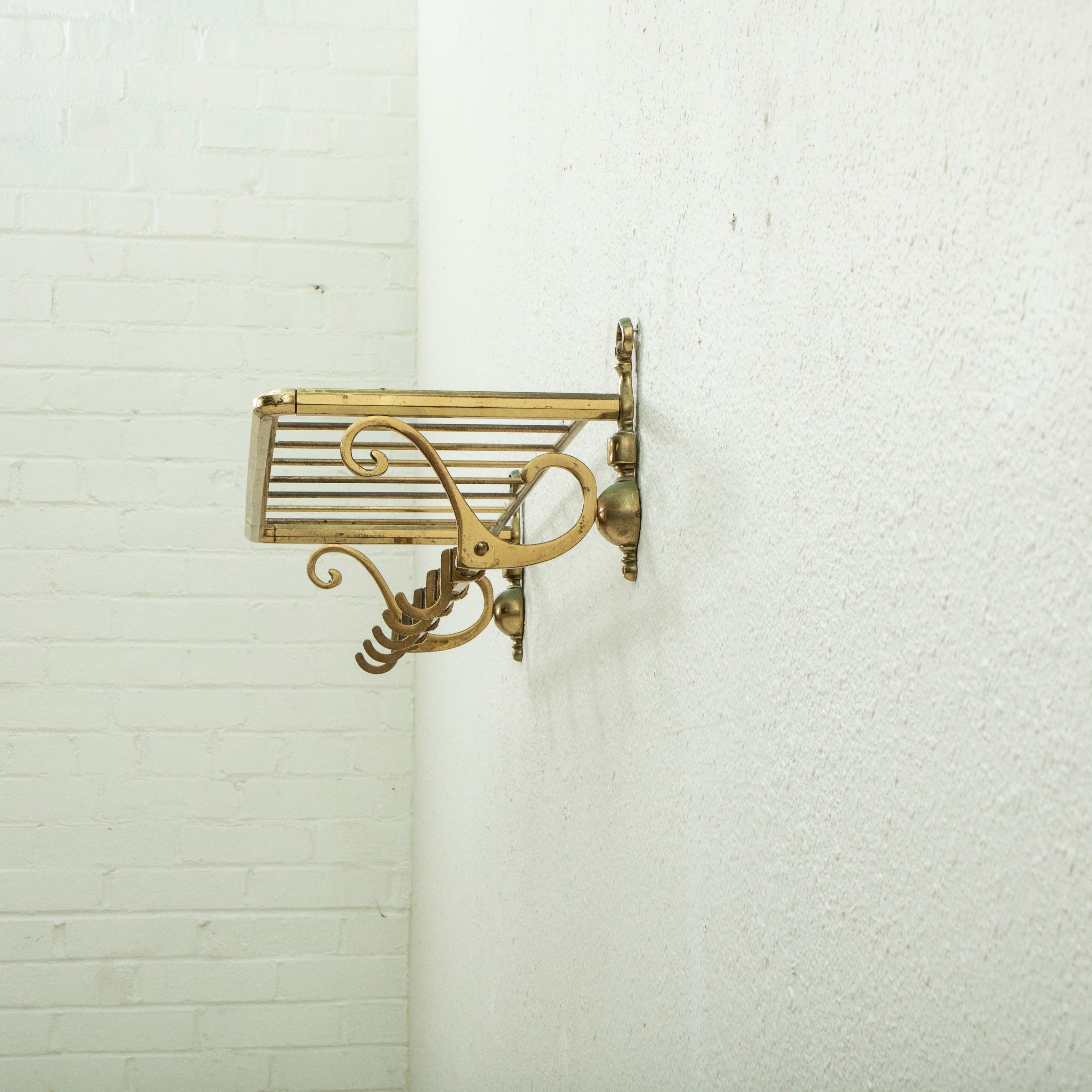 French Brass Train Hat and Coat Rack with Sliding Hooks, C. 1900 In Good Condition In Fayetteville, AR