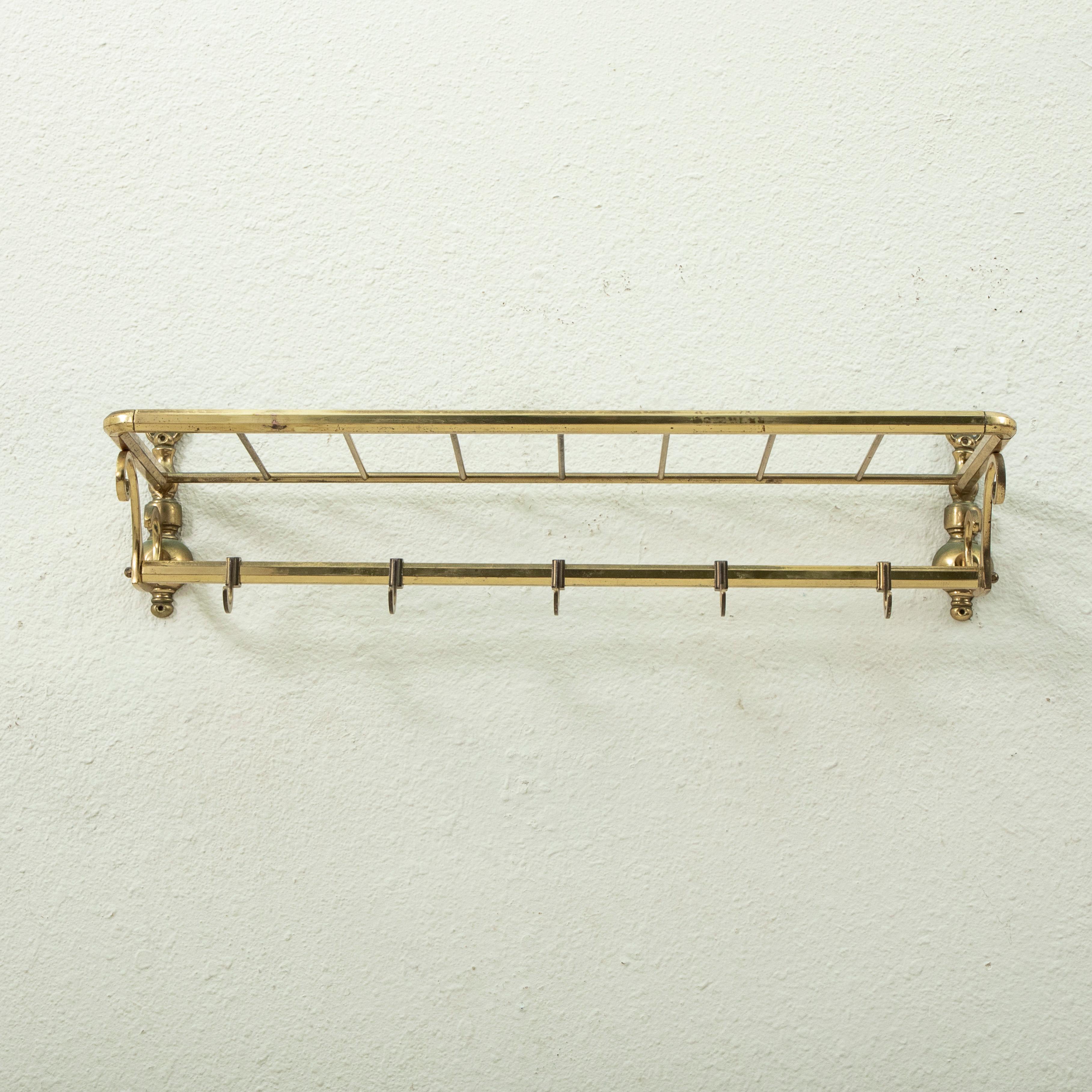 Early 20th Century French Brass Train Hat and Coat Rack with Sliding Hooks, C. 1900